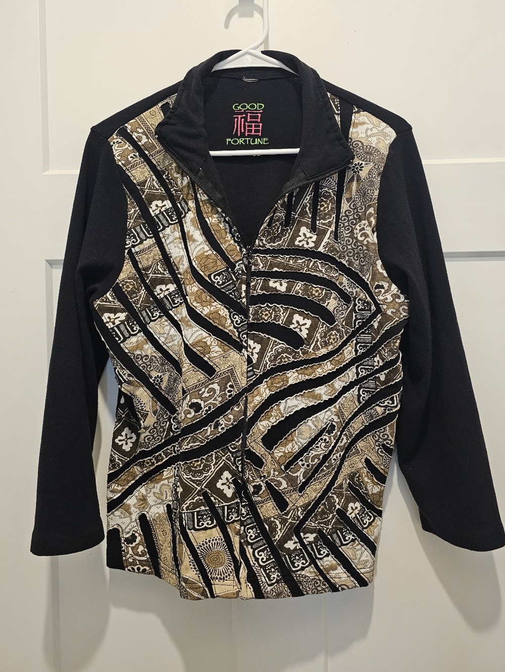 Ladies X-Large Zip Up Jacket "Good Fortune" Paisley Print Fun Patch